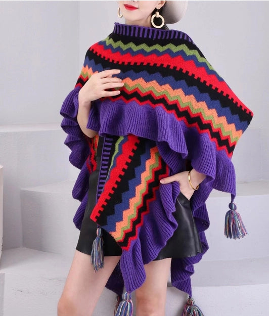 Purple Multicolor Crochet Ruffle Ruana Shawl Wrap