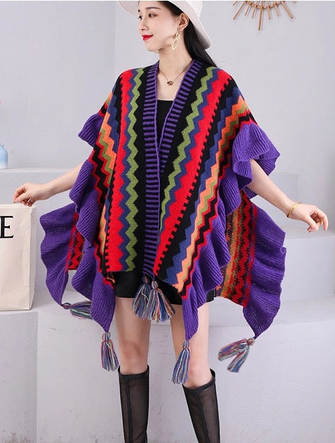 Purple Multicolor Crochet Ruffle Ruana Shawl Wrap – Lavender Rose ...
