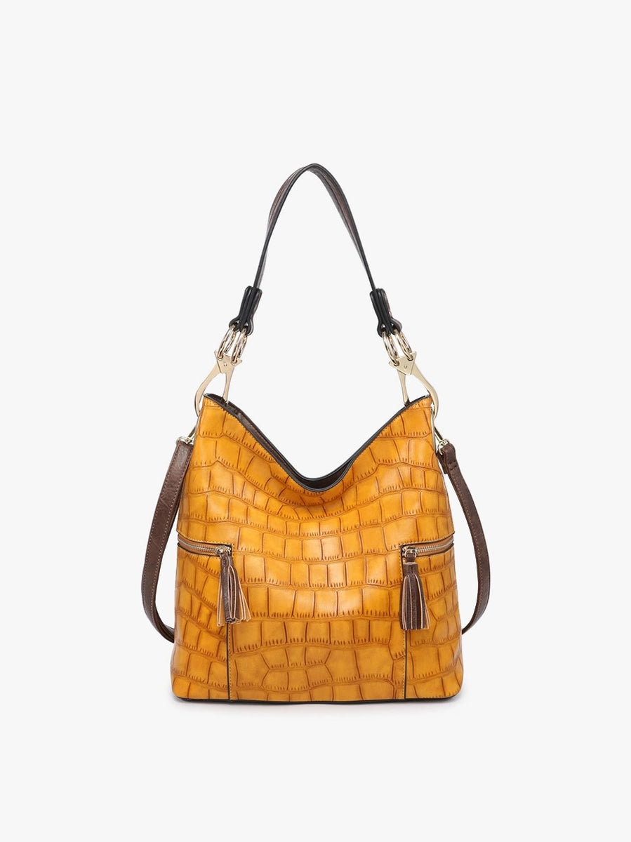 Women's Purses - Mustard Crocodile Print Hobo Bag, Vegan Leather