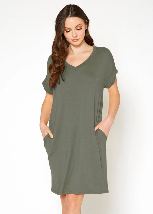 Women's V Neck T-Shirt Dress, Olive Green Color, Brushed Rolled Short Sleeve, With Pockets