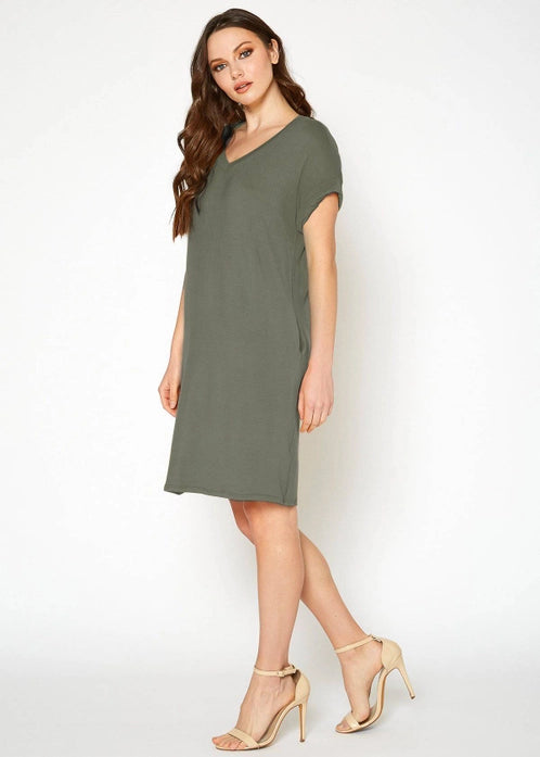 Women's V Neck T-Shirt Dress, Olive Green Color, Brushed Rolled Short Sleeve, With Pockets