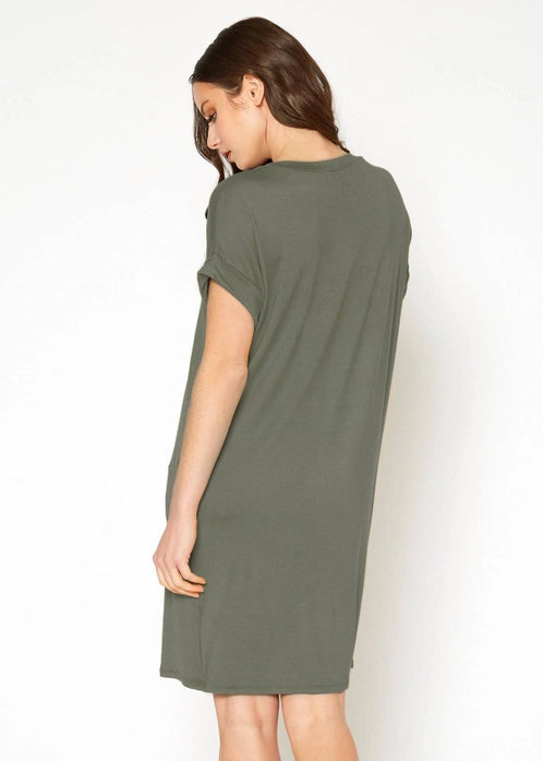 Women's V Neck T-Shirt Dress, Olive Green Color, Brushed Rolled Short Sleeve, With Pockets