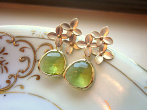 Peridot Apple Green Gold Cherry Blossom Earrings