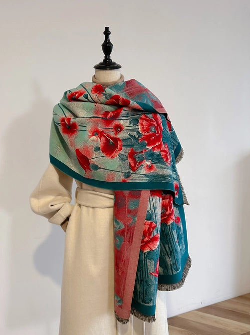 Red Poppy Reversible Shawl Wrap Scarf