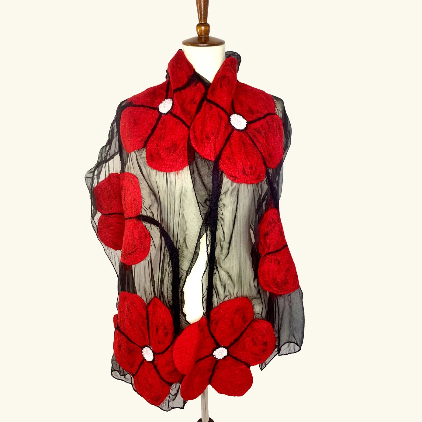 Red Floral with White Contrast Merino Wool and Chiffon Silk Scarf