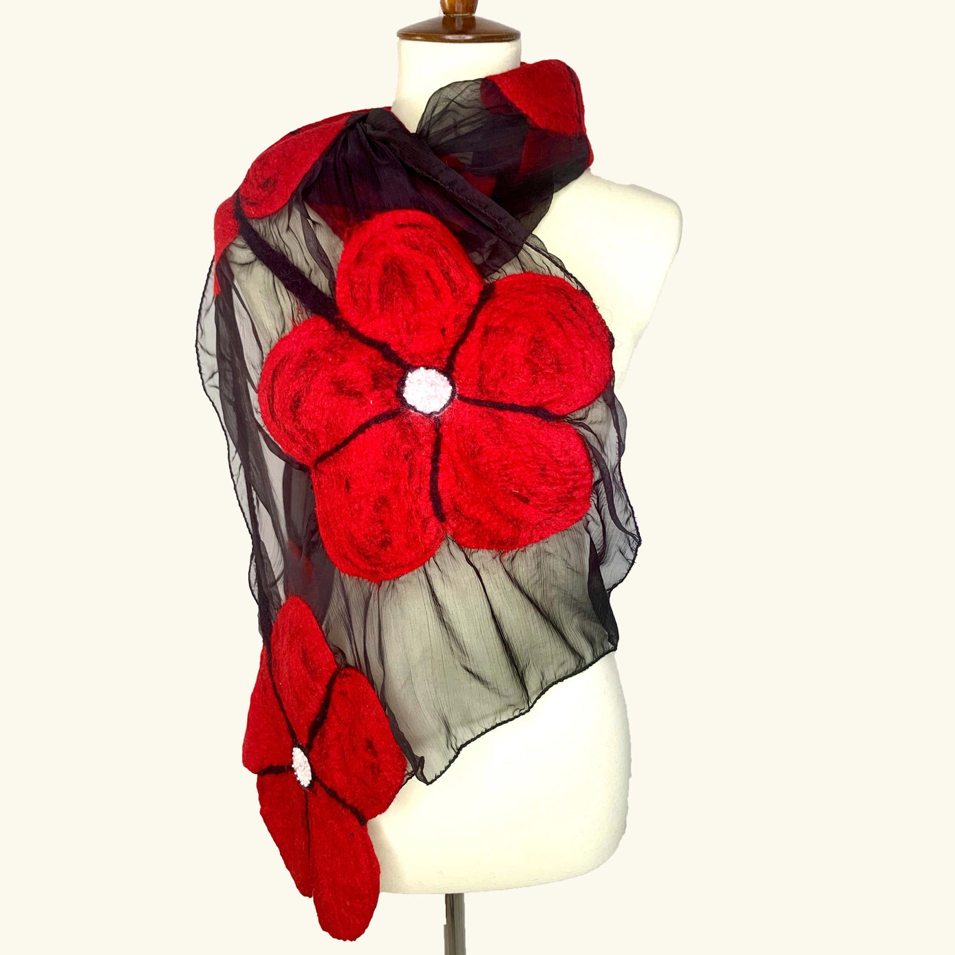 Red Floral with White Contrast Merino Wool and Chiffon Silk Scarf