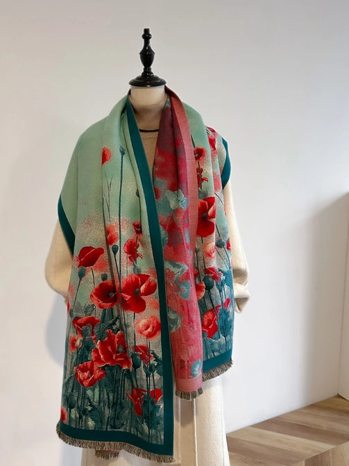 Red Poppy Reversible Shawl Wrap Scarf