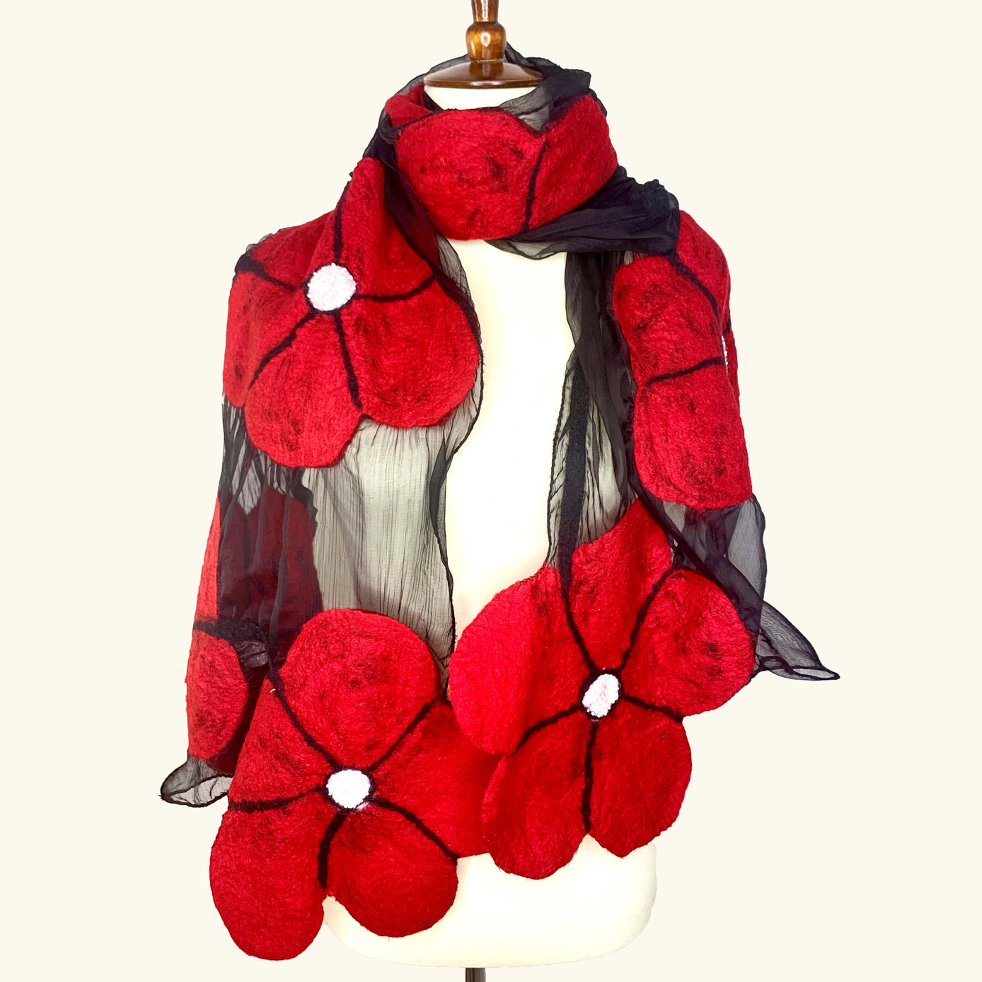 Red Floral with White Contrast Merino Wool and Chiffon Silk Scarf