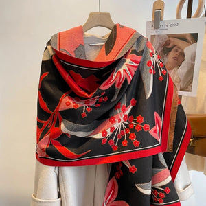 Women's Shawl Wrap, Flower Garden Design Black/Red Reversible Wrap