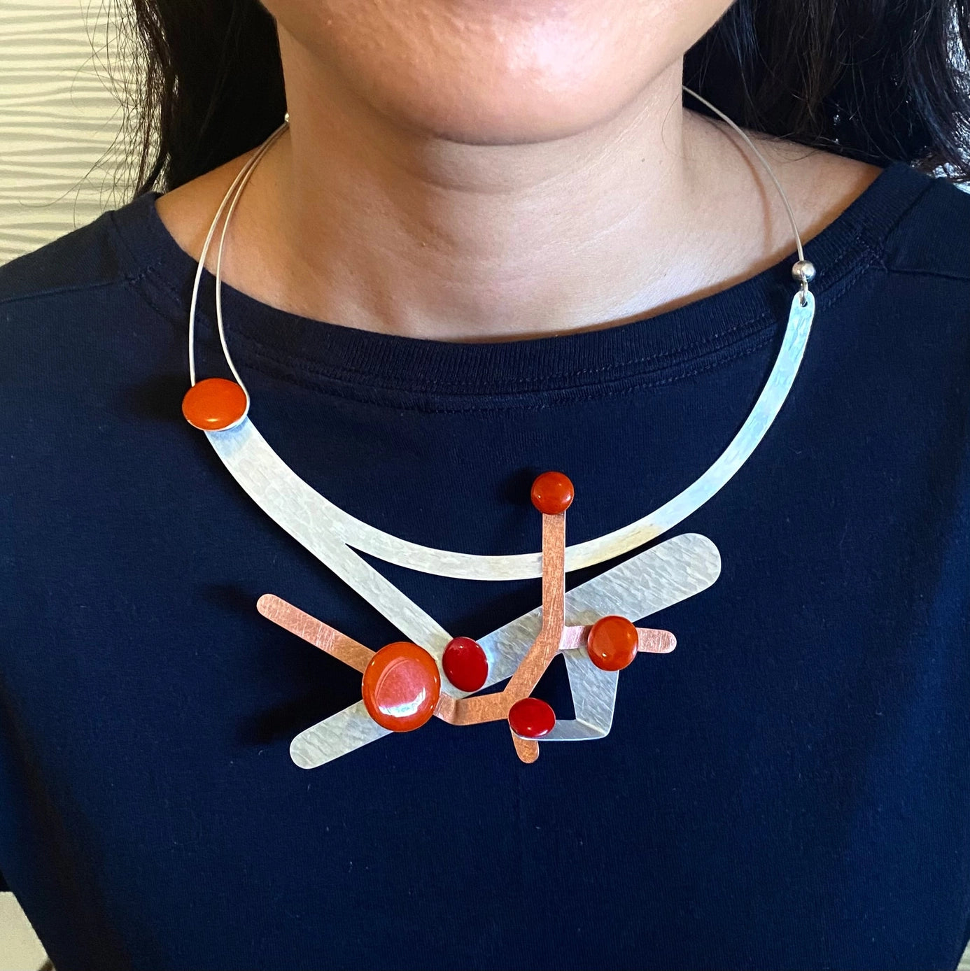 Contemporary Statement Asymmetrical Necklace, with Red Resin Detail and Front Closure