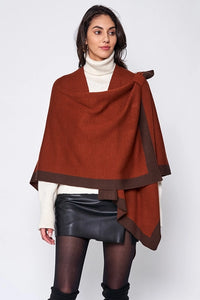 Women's Shawl Wrap Ruana, Contrast Border with a Shoulder Strap Detail