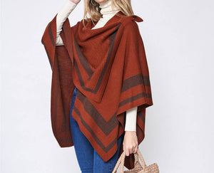 Contrast Double Striped Border with Shoulder Strap, Women's Shawl Wrap Ruana