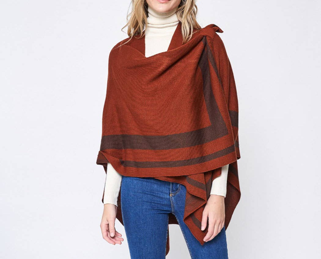 Contrast Double Striped Border with Shoulder Strap, Women's Shawl Wrap Ruana