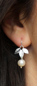 Sterling Silver Leaf with Freshwater Pearl Earrings