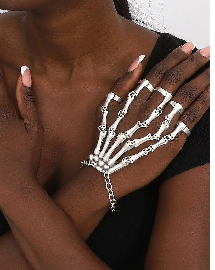 Silver Plated Women's Skeleton Bracelet Free Size Ring Jewelry Set.