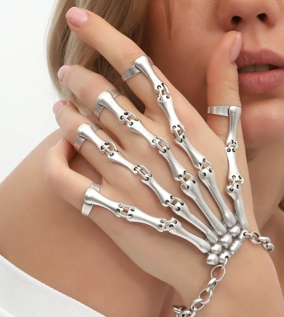 Silver Plated Women's Skeleton Bracelet Free Size Ring Jewelry Set.