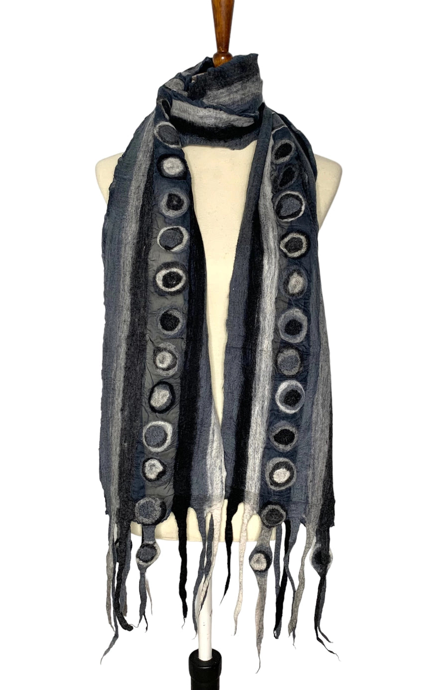 Women's Silk Chiffon Felted Scarf Stripes & Stone Design