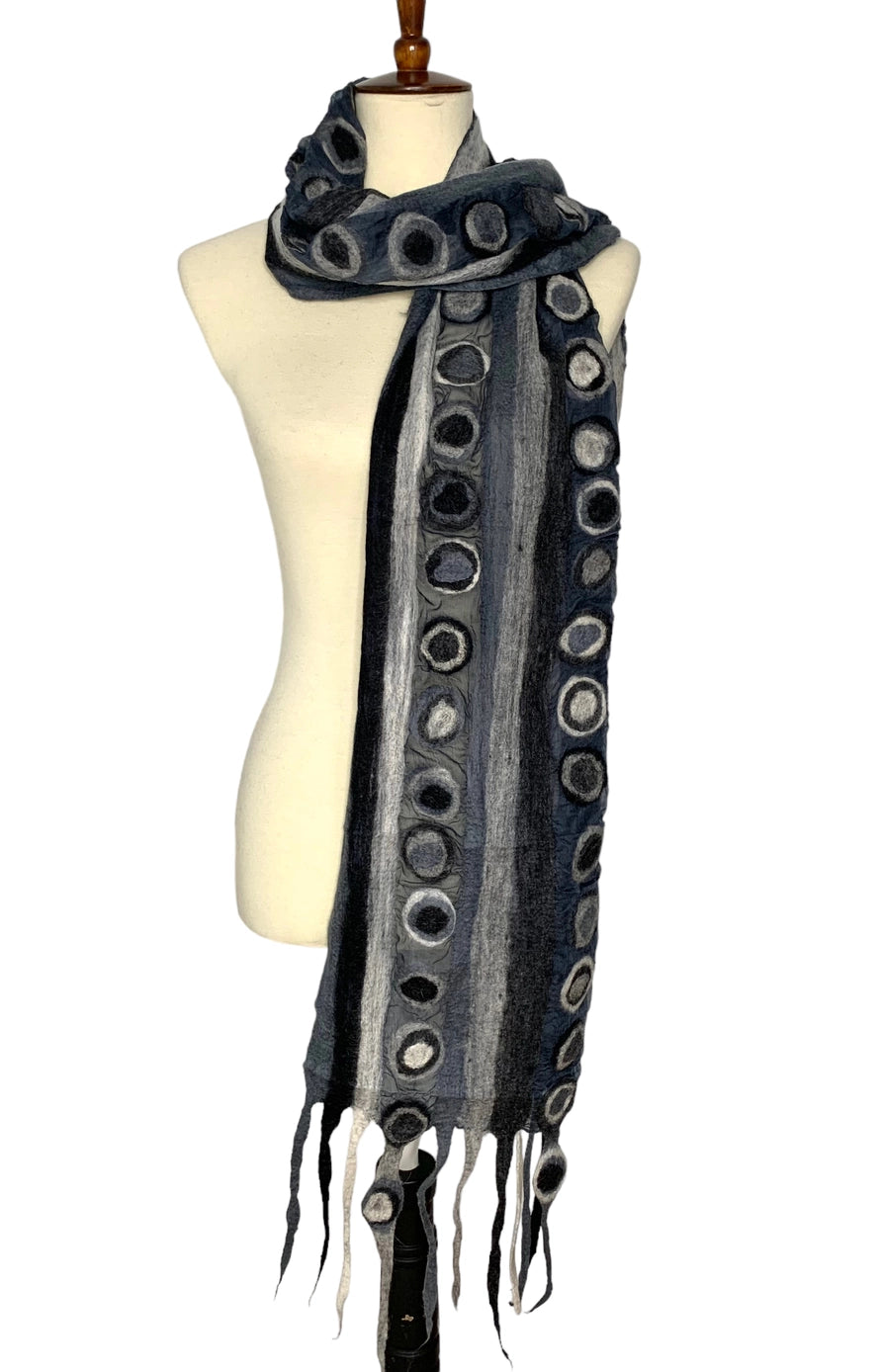 Women's Silk Chiffon Felted Scarf Stripes & Stone Design