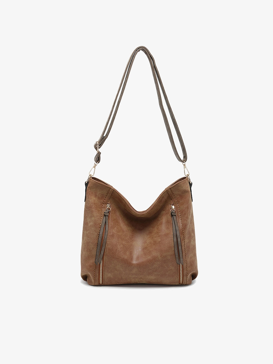 Women's Purses - Mina Distressed Hobo Bag/Tote Bag Tan Color