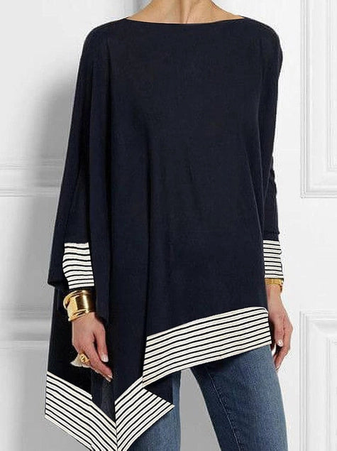 Women's Top, Batwing Sleeves Long Sleeves Split-Joint Striped Round-Neck