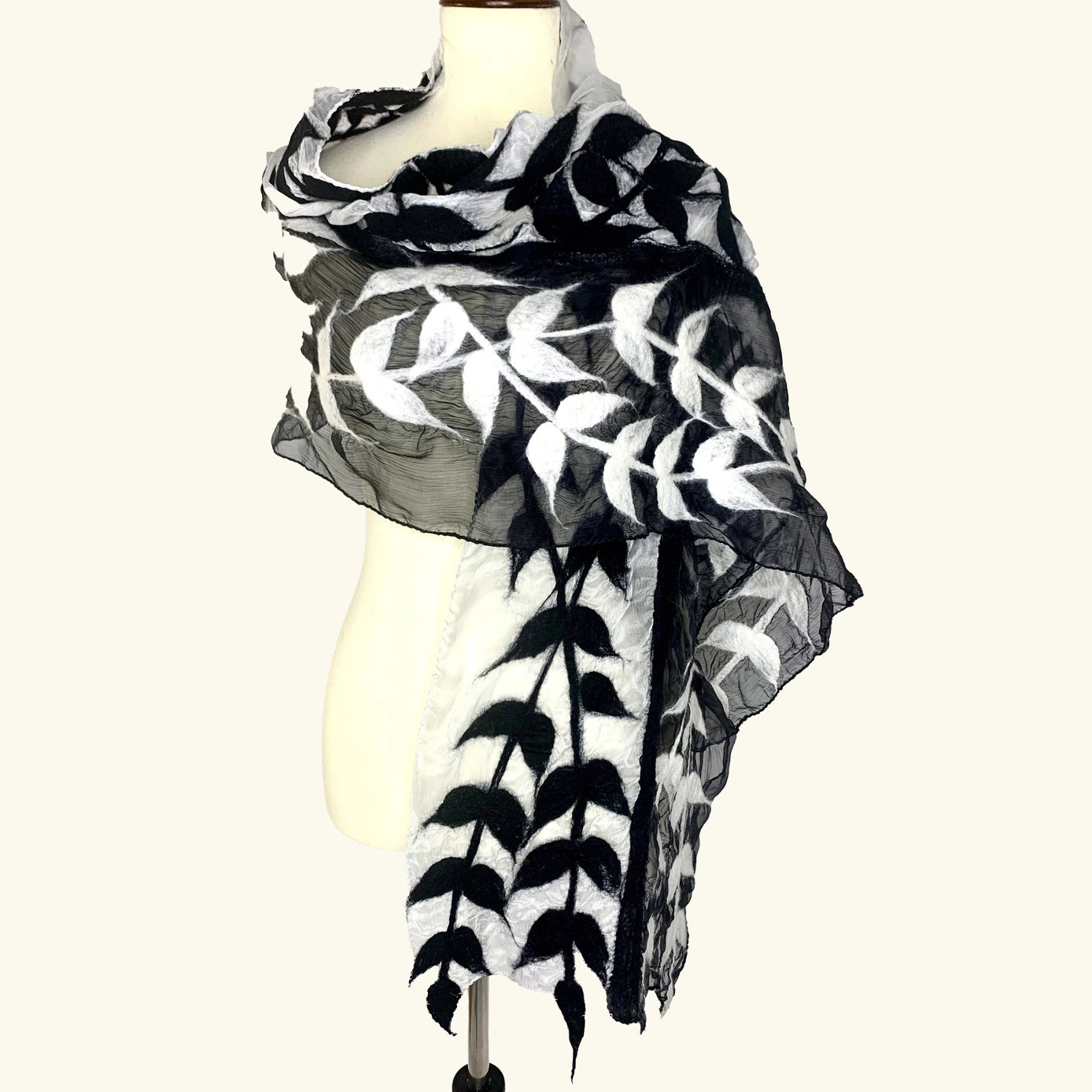 Women's Felted Shawl Wrap Scarf, with Black & White Vine Design