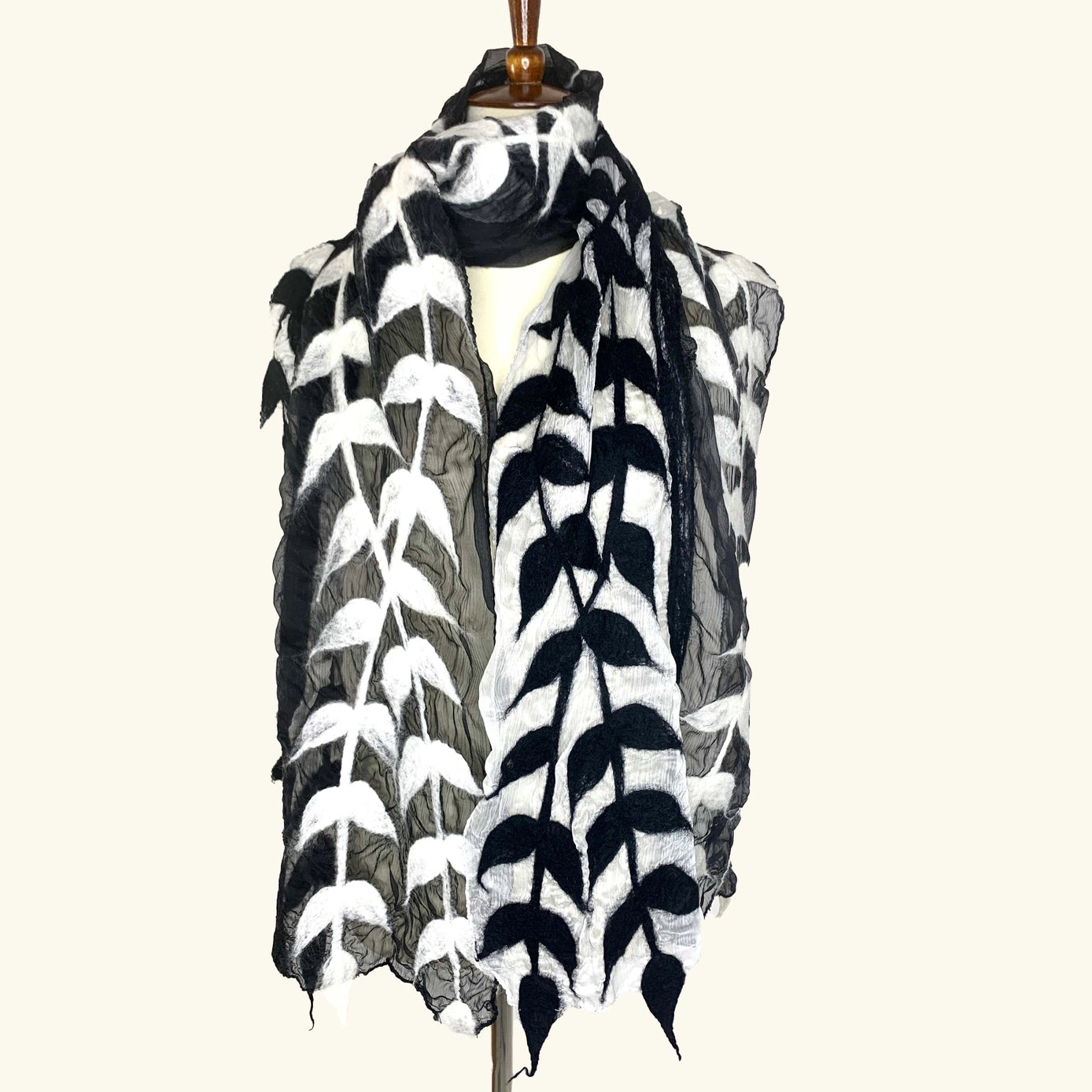 Women's Felted Shawl Wrap Scarf, with Black & White Vine Design