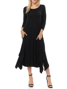Comfortable Round Neck Midi Dress with Asymmetric Hem and Side Pockets