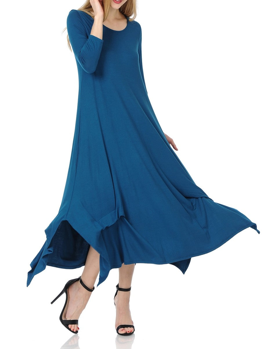 Comfortable Round Neck Midi Dress with Asymmetric Hem and Side Pockets