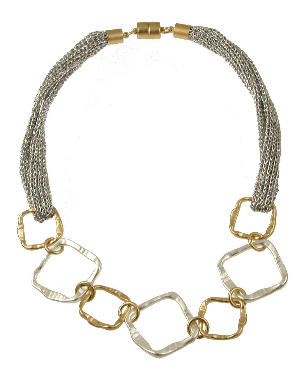 Contoured Square Necklace - Silver/Gold Squares, Mesh-Fabric and Magnetic Clasp