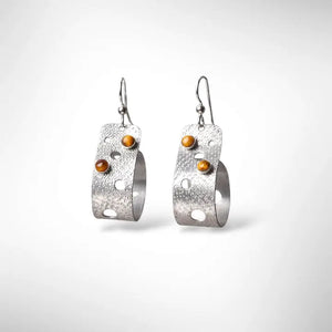 Hammered Metal and Tiger-eye Dangle Loop Earrings