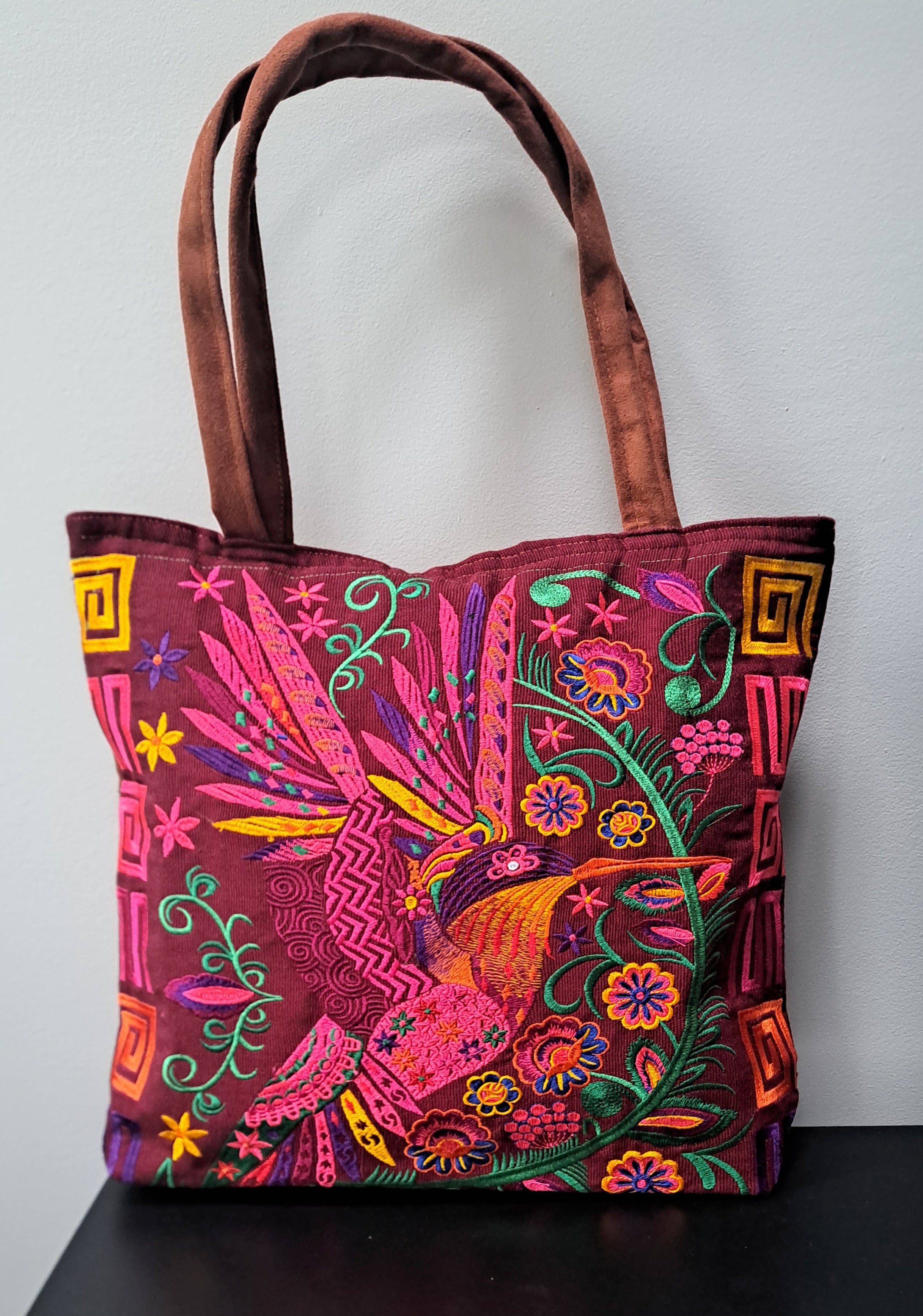 Embroidered Floral Hummingbird Large Suede Purse Tote Bag