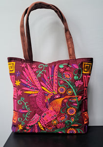 Embroidered Floral Hummingbird Large Suede Purse Tote Bag