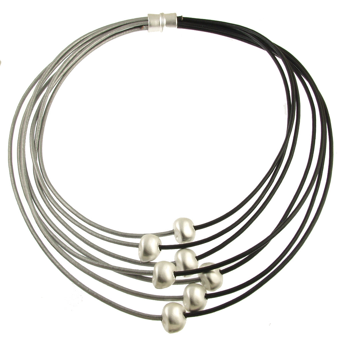 Matt Silver Floating Beads with Black & Blue Multi Strand Contrast Necklace, Magnetic Closure
