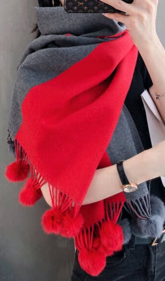 Red/Charcoal Reversible Pompom Shawl Wrap Scarf