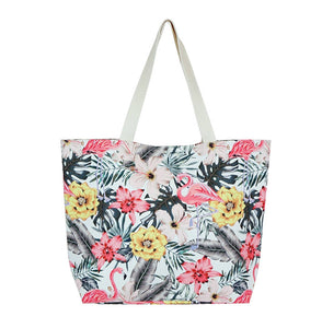 Lined Tote Bag, Tropical Hibiscus Flamingo Print