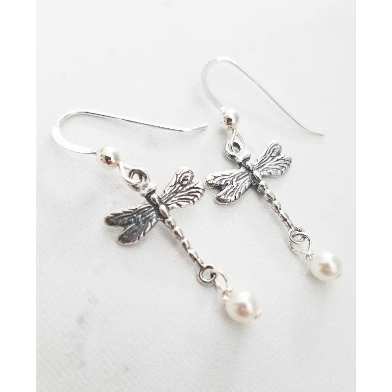 Dragon Fly Earrings with Crystal White Pearl