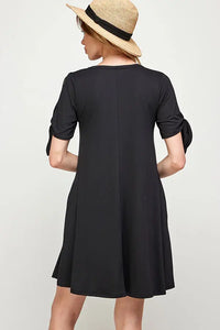 Ribbon Tie Cold Shoulder Knit Fabric Shift Dress With Pockets