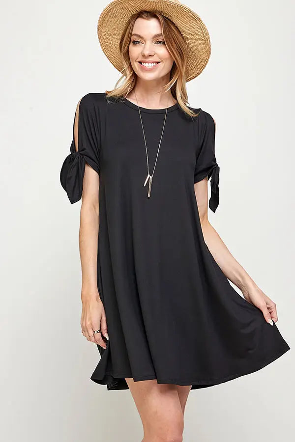 Ribbon Tie Cold Shoulder Knit Fabric Shift Dress With Pockets
