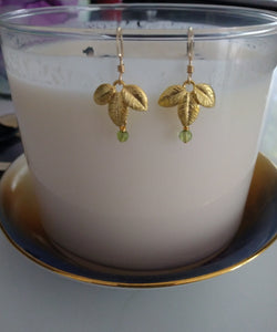 Gold Exotic Matte Leaf With Peridot Earrings