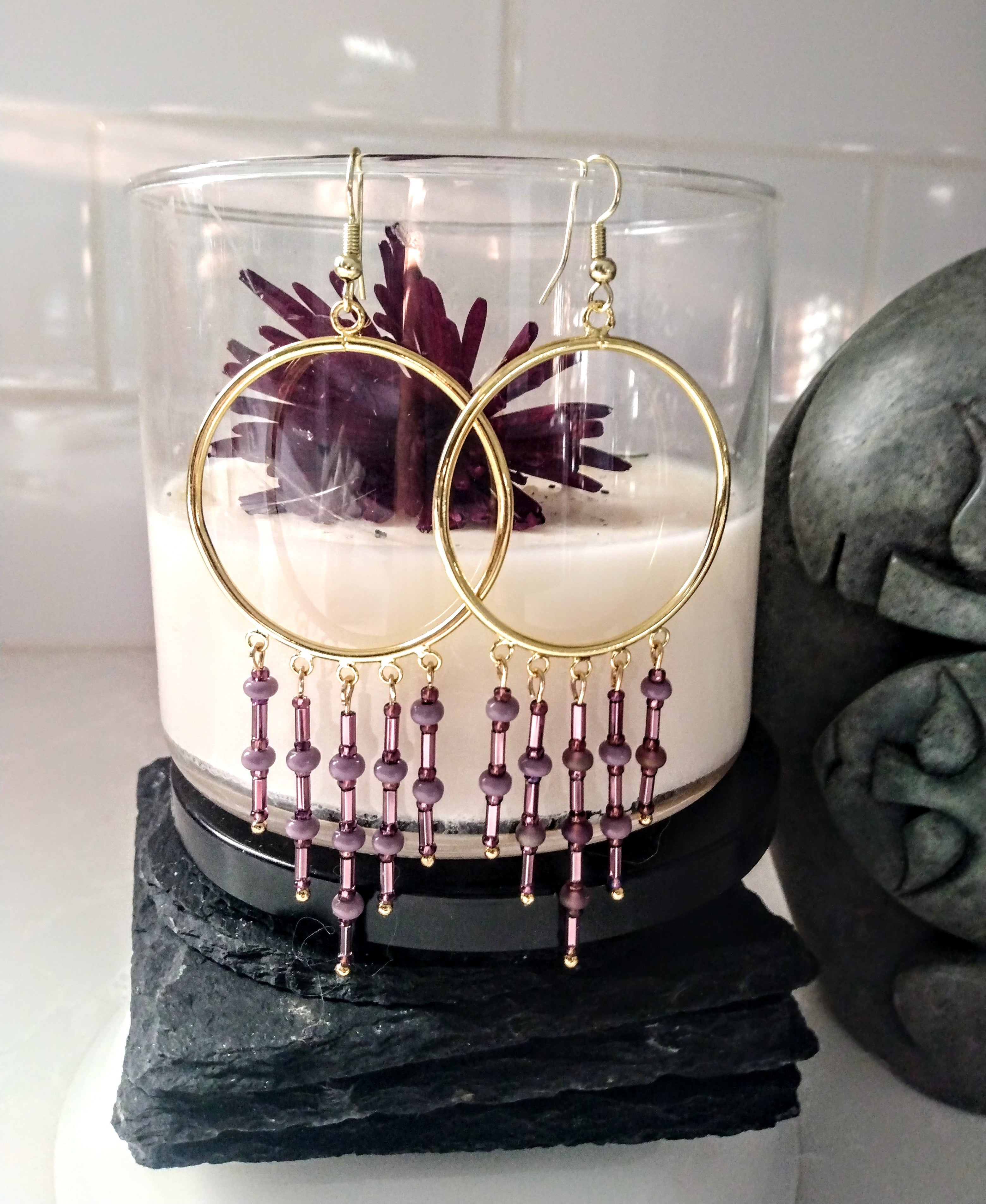 Good Color Hoop Earrings with Mixed Purple Tone Beads