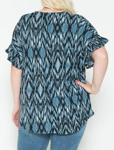 Women's Plus Size V Neck, Cross Detail Short Sleeve Top. Animal Print