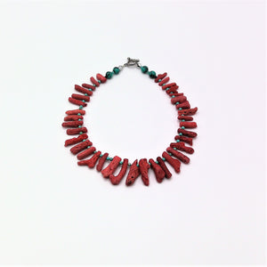 Red dyed Coral shell and turquoise bead Necklace