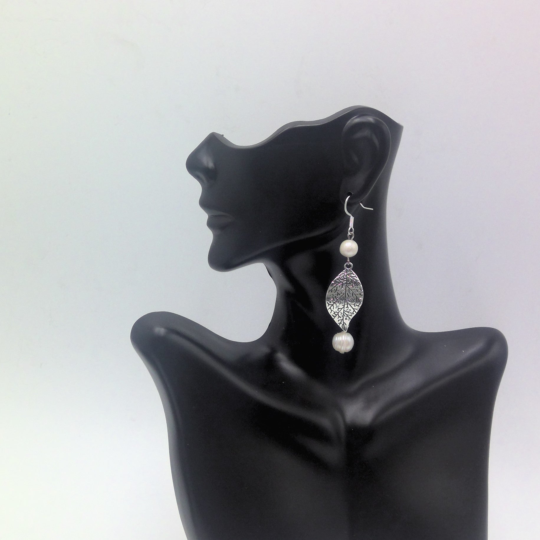 Silver Plated Leaf and Cultured Pearl Earrings