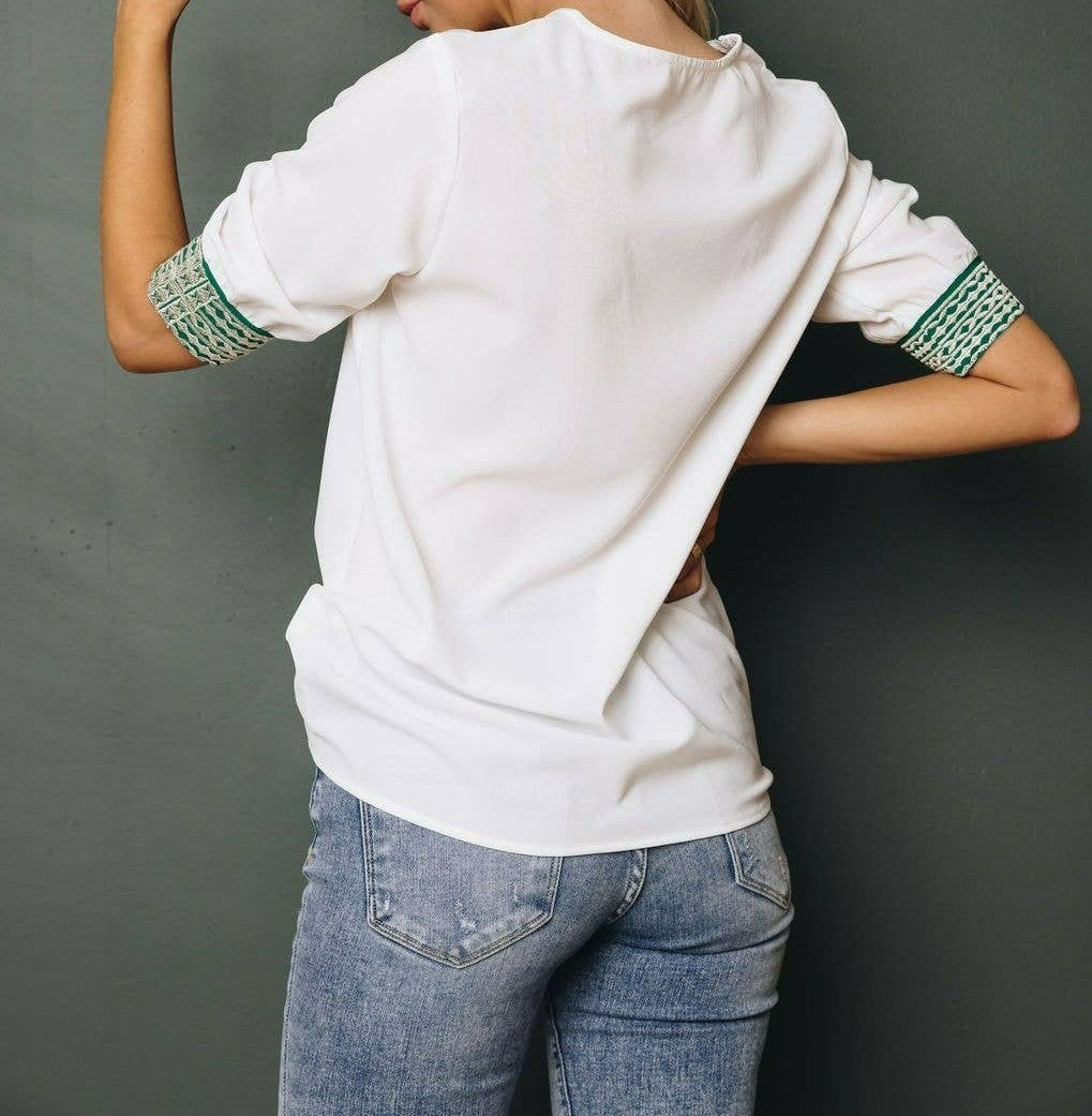 Women's White Top With Green Embroidery African Inspired Embroidery