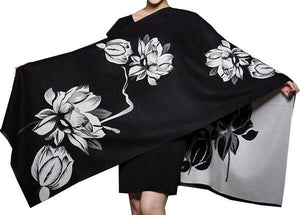 Women's  Shawl Wrap, Reversible, With A Floral Black/White Floral Design