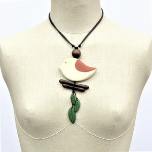 Sustainably Sourced Wood Necklace, Bird Sitting on a Branch