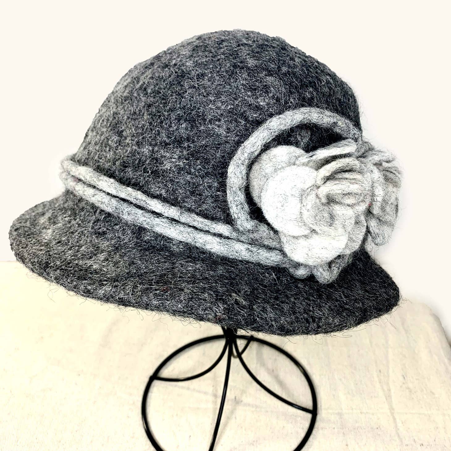 Women's Boiled Wool Winter Hat, Charcoal with Light Grey flower