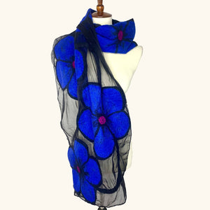 Midnight Floral Blue Floral  Merino Wool and Chiffon Silk Scarf