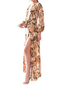 Stylish Figure Flattering, Leopard-Chain Print Wrap Maxi Dress