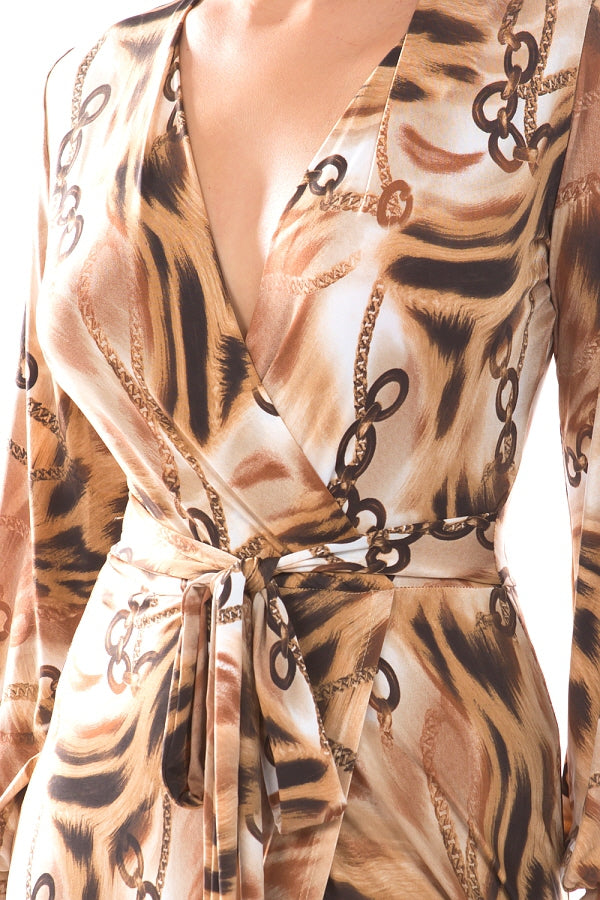 Stylish Figure Flattering, Leopard-Chain Print Wrap Maxi Dress
